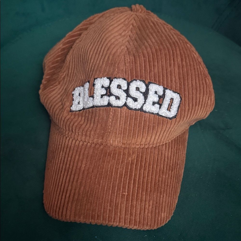 Brown Corduroy Embroidered White 'Blessed' Cap BRAND NEW